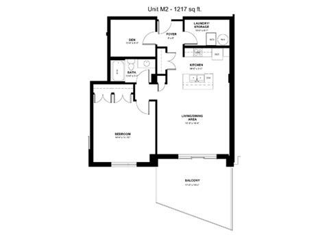 Floor plan for 1 bed, 1 bath, 949 sqft